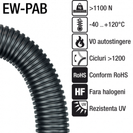 Tuburi ignifuge de protectie a cablurilor. Seria EW-PAB Proprietati de autostingere, impiedica propagarea focului. Tuburile de culoarea neagra sunt stabilizate impotriva radiatiilor UV