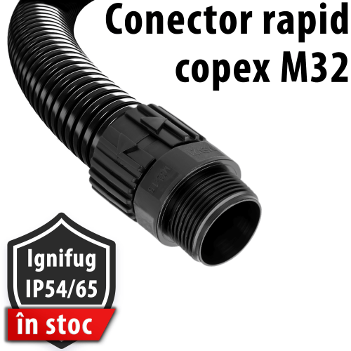 Conector fitting tub copex M32 Mecanism rapid inchidere deschidere fixare protejare cabluri fire furtunuri de praf lichide rupere agatare taiere tablou MSV