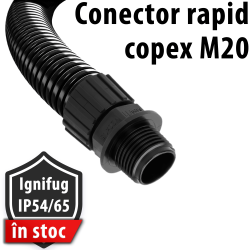 Conector rapid tub riflat M20 plug in fixare copex Protectie aplicatii dinamice statice Rezistenta UV Costuri reduse Fitting MSV certificari multiple