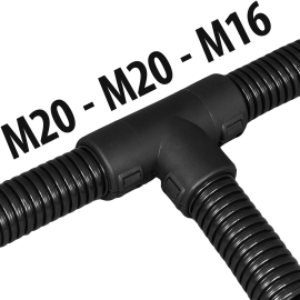 Distribuitor T M20-M20-M16 Piesa fixare si etansare tuburi copex dimensiuni diferite Negru material Poliamida 6 Termen livrare 7-9 zile