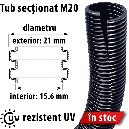 Tub flexibil despicat splitat diametru 21 mm exterior 15 interior M20 Rezistent UV chimic impotriva combustibil alcool uleiuri acizi Instalatii parc energie verde
