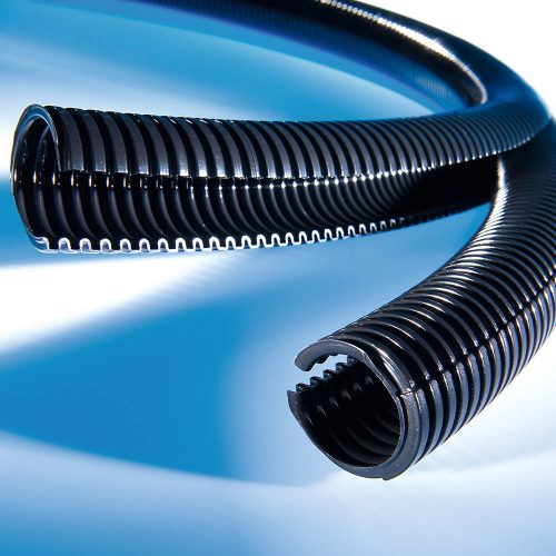 Tub gofrat riflat doua straturi sectiune C Coflex divizibile se inchide deschide pe lungime Interventii post instalare asupra cabluri fire conductori fibra optica Protectie si acces rapid