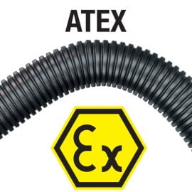 Tub riflat gofrat ATEX foarte flexibil Copex medii periculoase EX gaz si praf zone risc explozii antistatic descarcare ESD Fabricat in Germania
