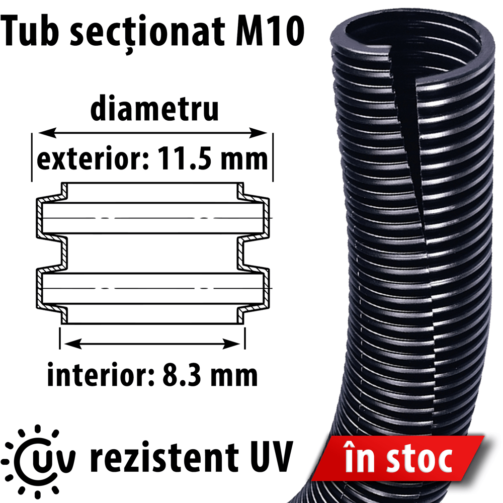 Tub sectionat diametru 11 mm exterior 8 interior Copex M10 flexibil riflat rezistent UV chimic termic strivire impact Pozare montare conductori electrici